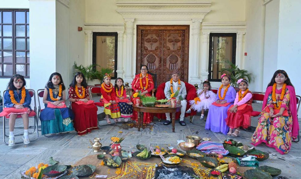 Puja by washing the feet of the bride by President Paudel