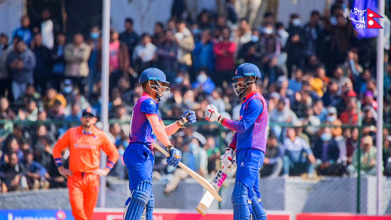 Nepal have added 65 runs losing 2 wicket Netherlands posts 184 on the board